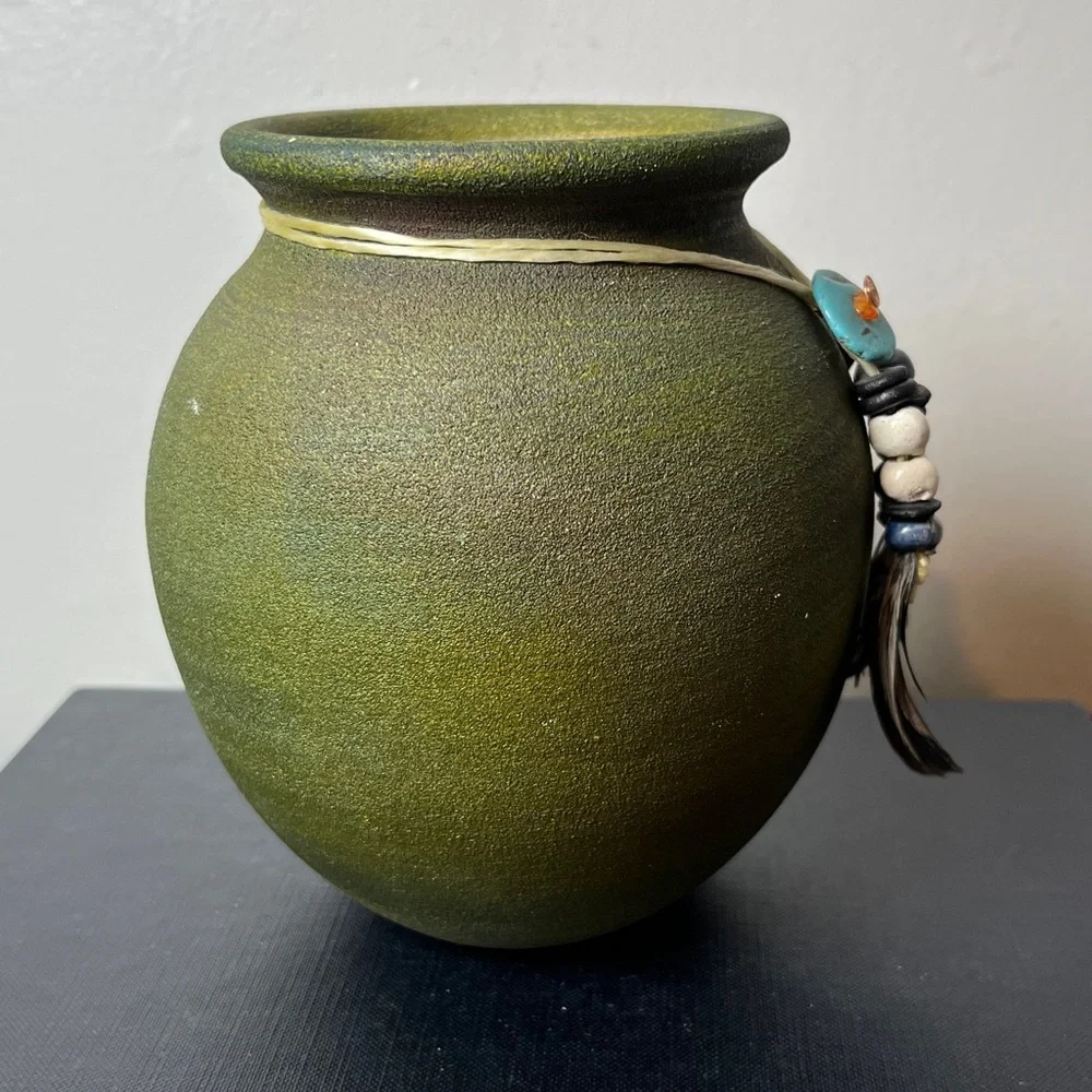New‎ Raku Pottery Works Green Southwestern Spirit Jar Signed Jeremy Diller